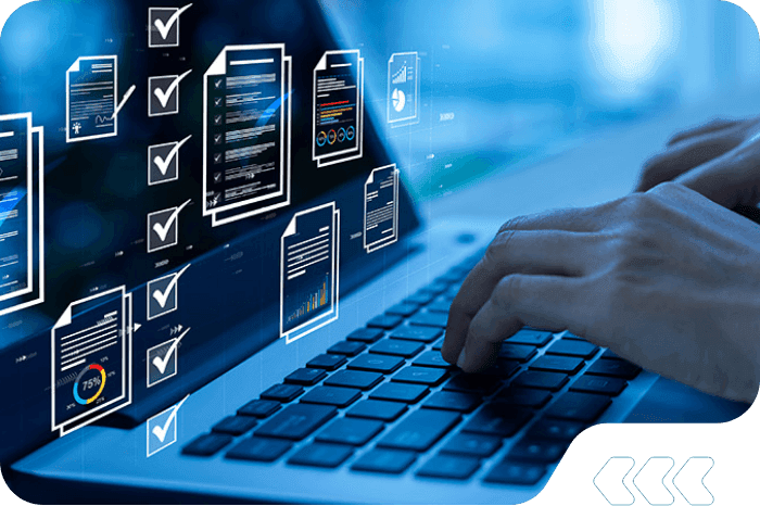 Laptop with icons for audits, contracts and checklists